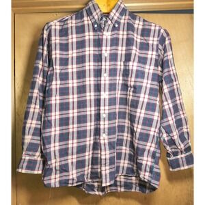 Sears Roebuck Co Mens Sz L Button Up Front Plaid Shirt Tan Green Burgundy Stripe